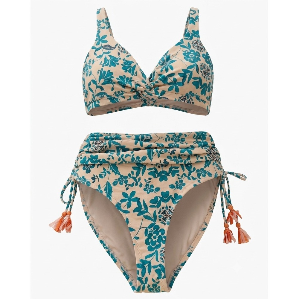Johnny Was Floral High Waisted Bikini Set Teal Blue Cream Tassel Small CSW0919-S